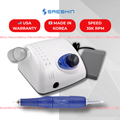 Sareshin nail drill machine with USA warranty, made in Korea, and 35K RPM speed on a white background.