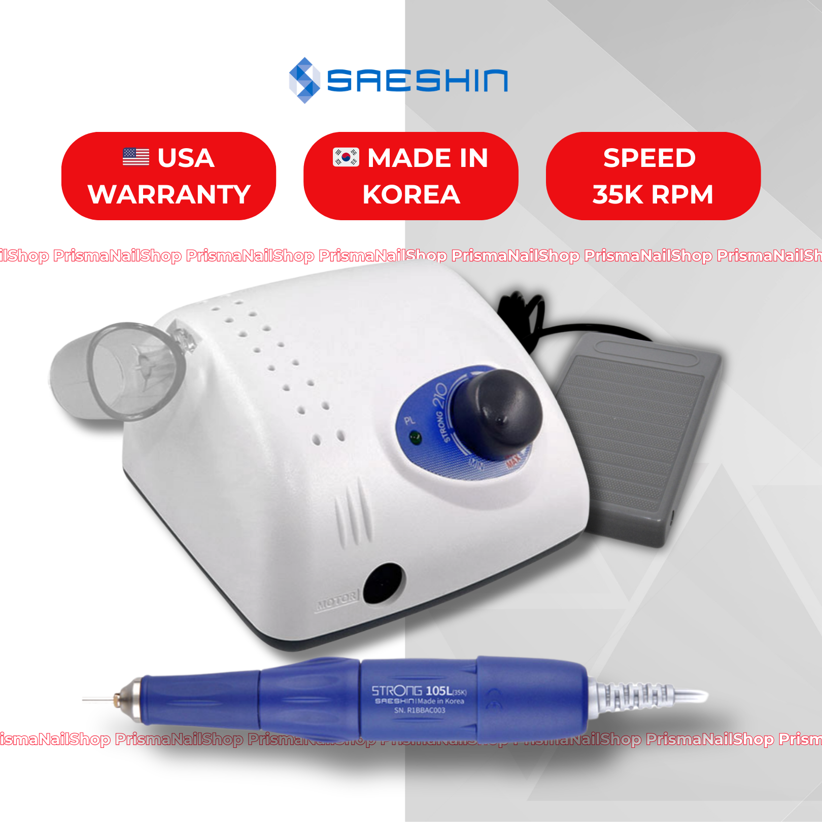 Sareshin nail drill machine with USA warranty, made in Korea, and 35K RPM speed on a white background.