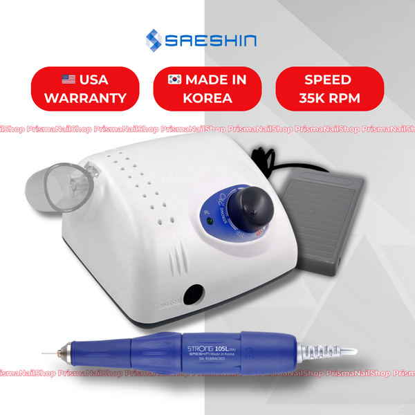 Sareshin nail drill machine with USA warranty, made in Korea, and 35K RPM speed on a white background.