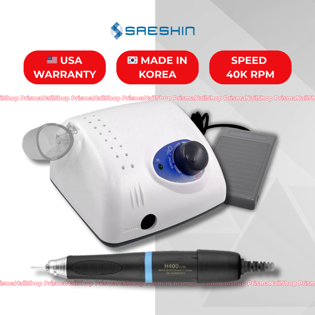 Sareshin nail drill machine with USA warranty, made in Korea, and 40K RPM speed on a white background.