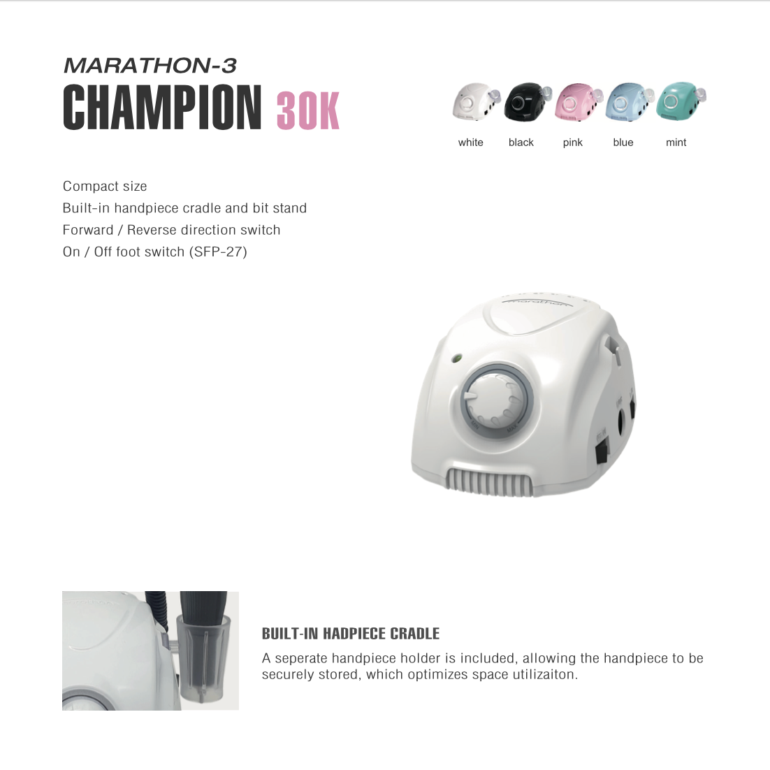 Saeyang MARATHON-3 Champion III H35SP1 – Electric Nail Drill (30,000 RPM) for professional salon use with bonus bits.