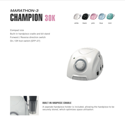 Saeyang MARATHON-3 Champion III H35SP1 – Electric Nail Drill (30,000 RPM) for professional salon use with bonus bits.