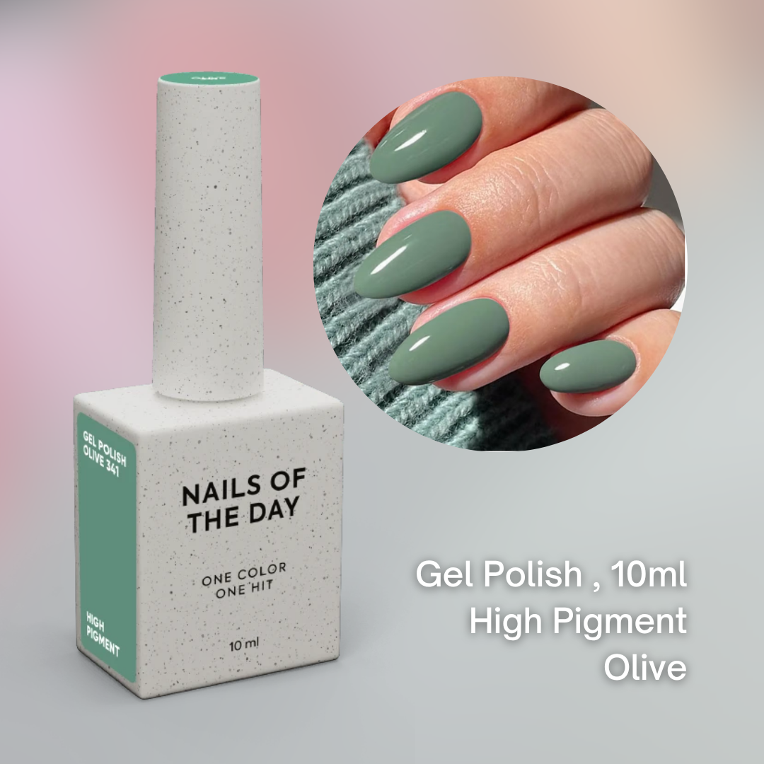A bottle of gel nail polish with a white speckled cap and base, labeled 'NAILS OF THE DAY', shown beside a circular inset of manicured nails painted in olive green. Text on the image reads 'Gel Polish, 10ml, High Pigment Olive'.