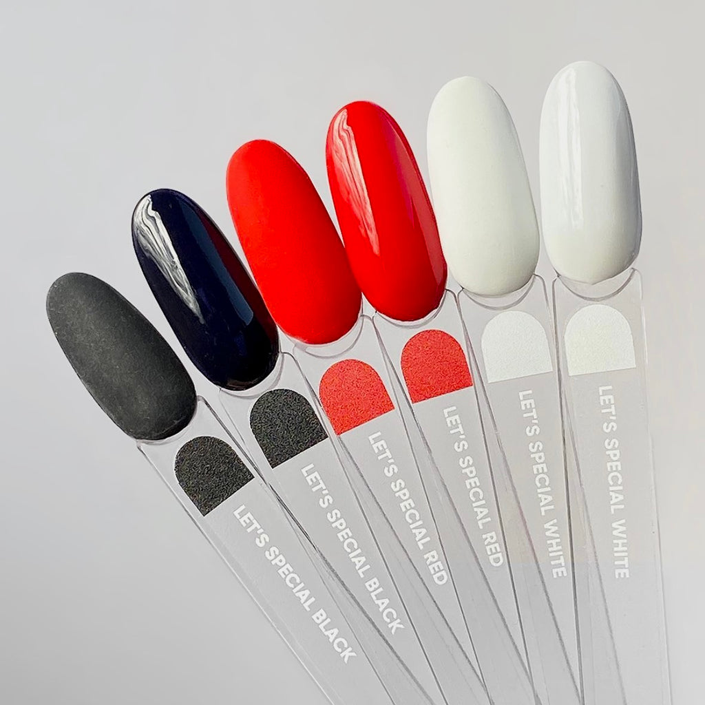 A collection of gel nail polish bottles in various colors, including black, red, white, and gray, with the brand name 'NAILSOFTHEDAY' on them.