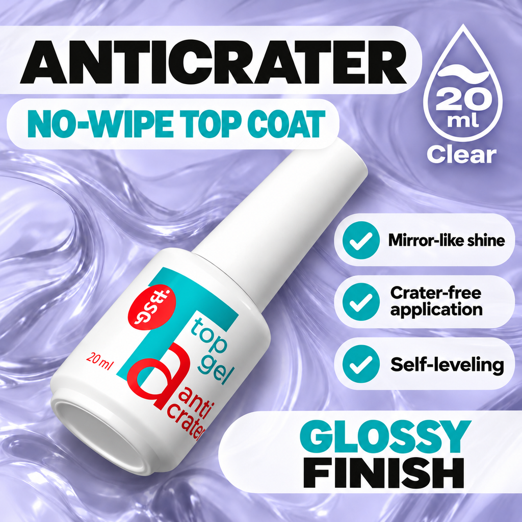 BSG Anticrater no-wipe clear top coat 20 ml with a glossy, mirror-like finish