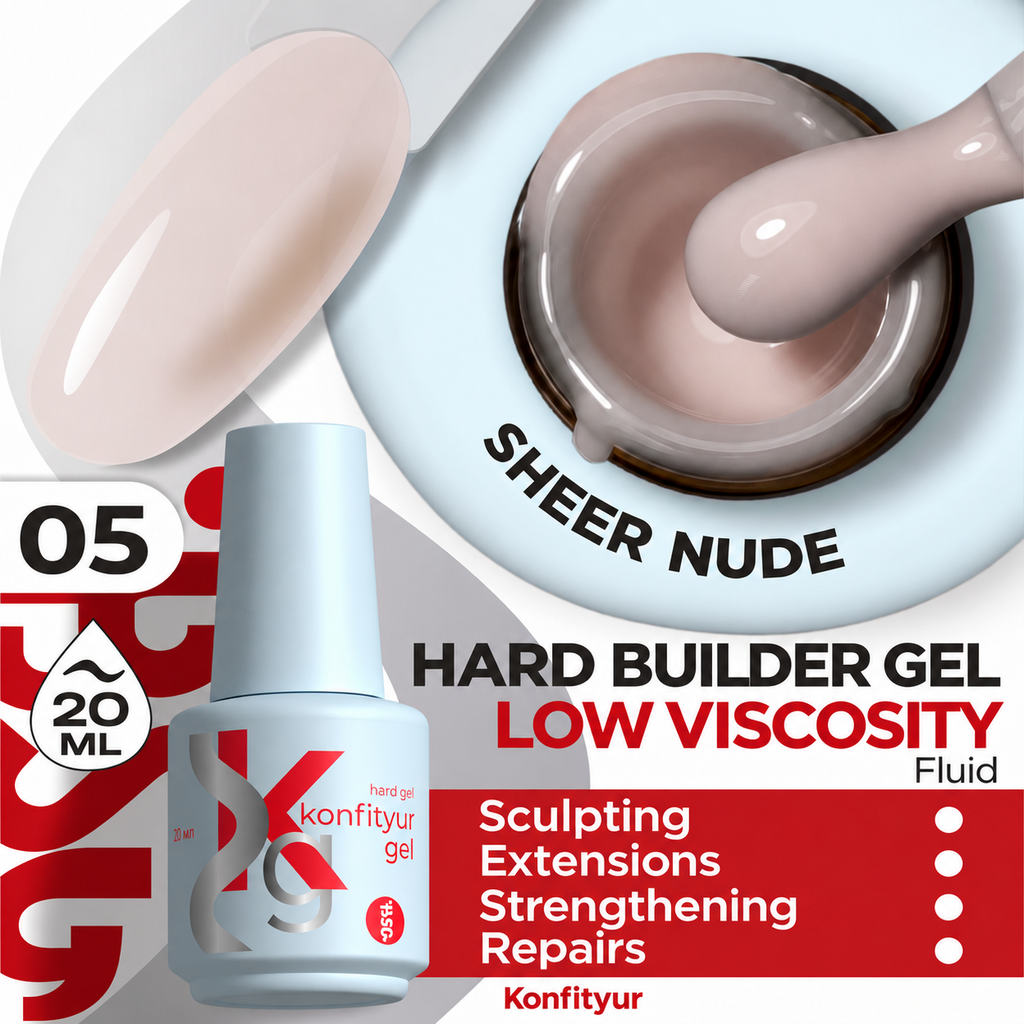 BSG KONFITYUR Hard Builder Gel Low Viscosity 20 ml — 05 Semi-transparent nude, English product card