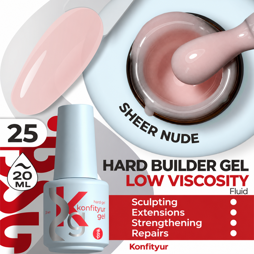 BSG KONFITYUR Hard Builder Gel Low Viscosity 20 ml — 25 Semi-transparent nude, English product card