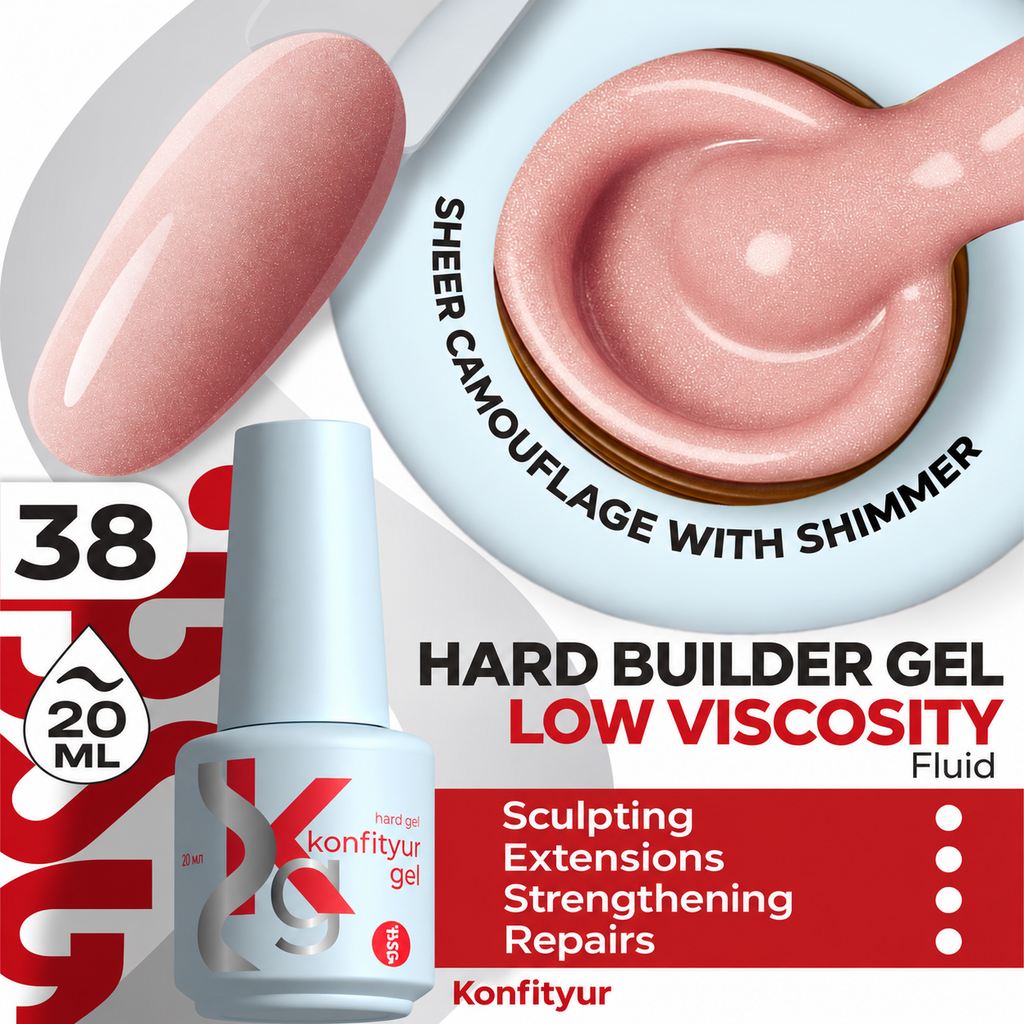 BSG KONFITYUR Hard Builder Gel Low Viscosity 20 ml — 38 Pink Stardust, English product card