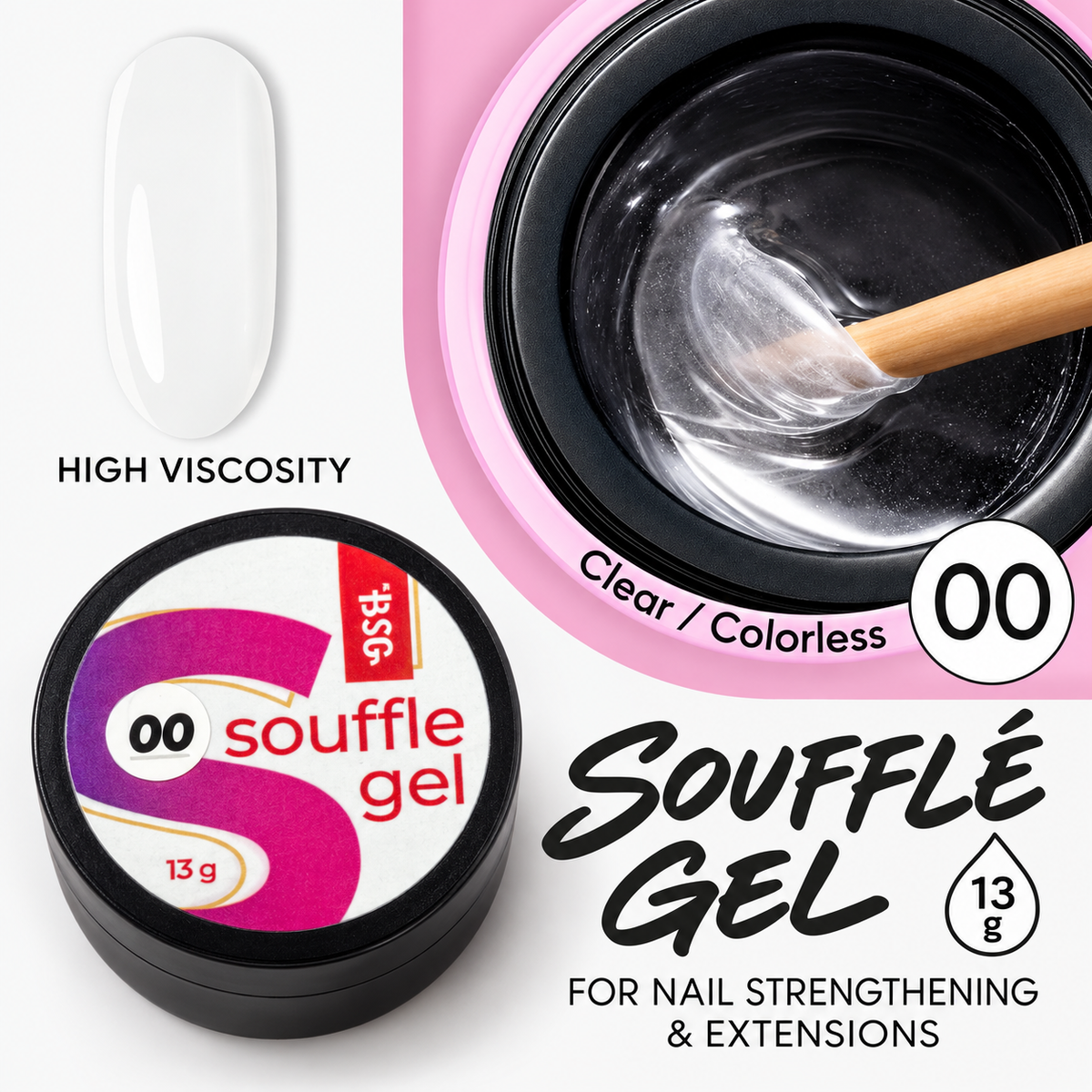 BSG Soufflé Hard Builder Gel 00 Transparent colorless, 13 g — square English product card