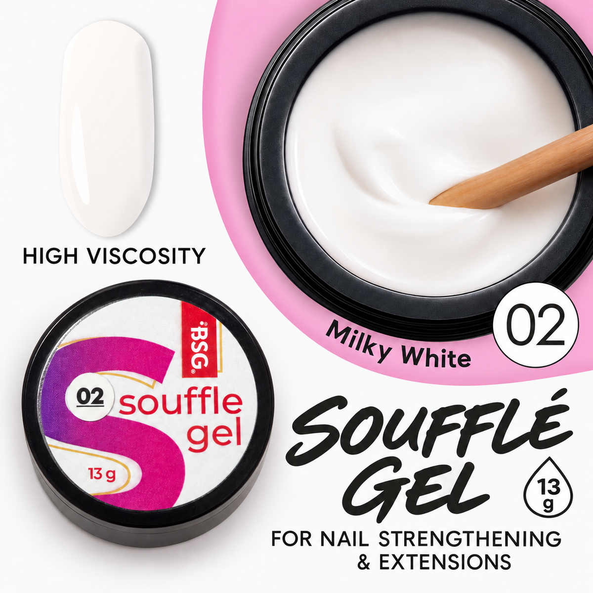 BSG Soufflé Hard Builder Gel 02 Milky white, 13 g — square English product card